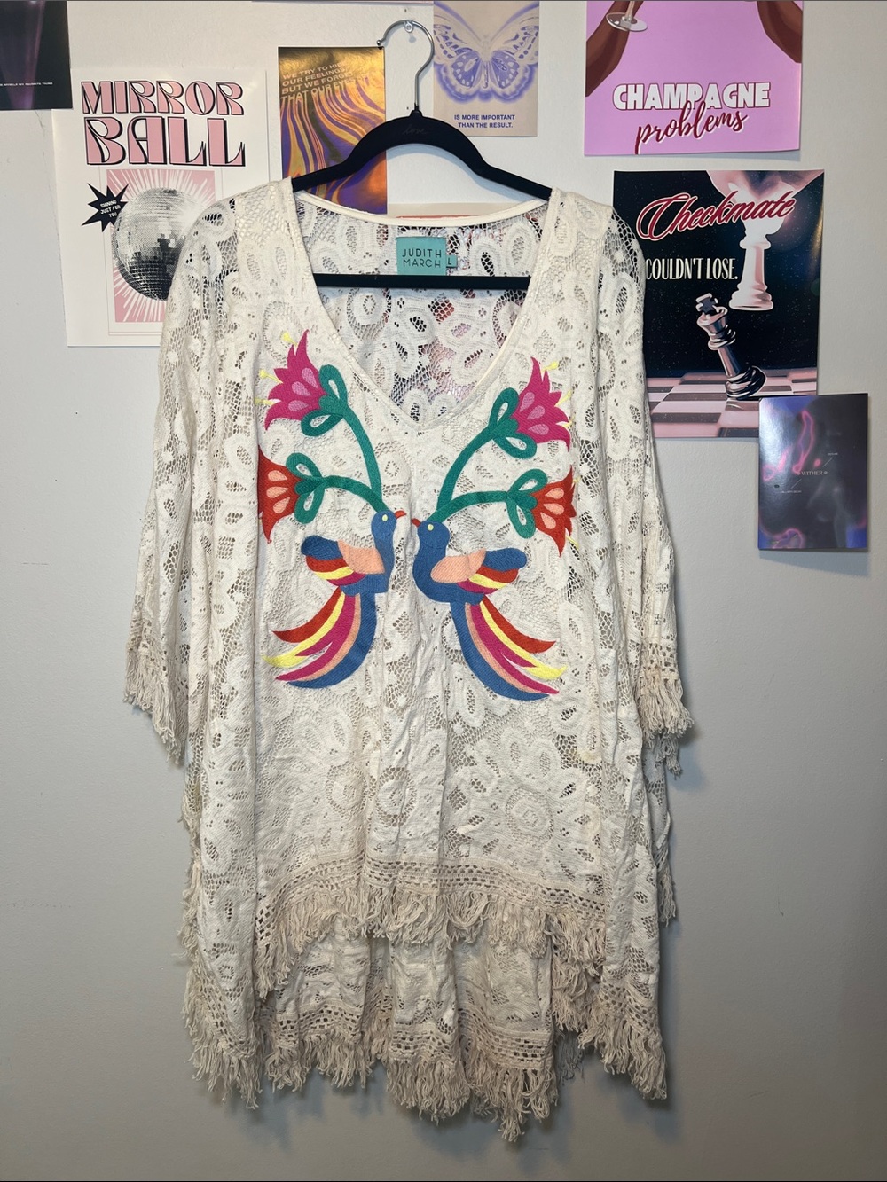 Judith March Cream Crochet Tunic with Colorful Embroidered Birds
